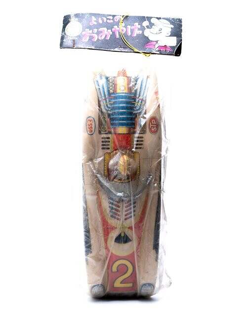 Vintage Japan Weather Bird 1960s bootleg Speed Racer 11.5” Tin Toy Car with Popeye header